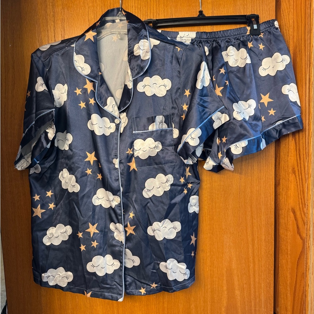 Navy Pajama Top and shorts set with Cloud & Gold Star Print